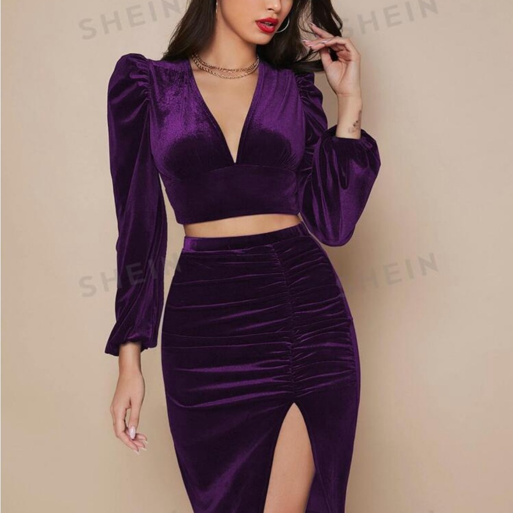 V neck long sleeve top with skirt velvet violet purple set